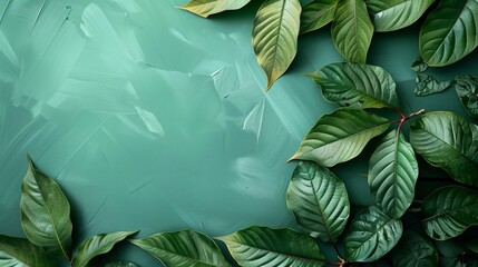 Leaves Background. Leaves on paster background with copy space. Minimalist pastel background with green leaves. Kratom leaves on pastel background.