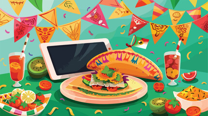Traditional Mexican food with sombrero flag and table