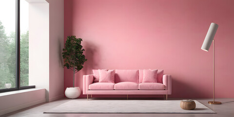 Modern minimal interior of living room with cozy pink sofa and floor lamp and white and pink concrete wall background