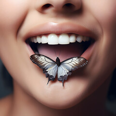 Beautiful girl enjoy every moment, a smile on her face. Butterfly on the lips. Abstract.	