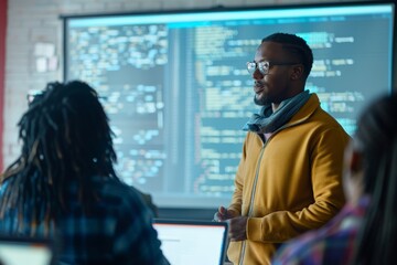 Portrait of a teacher giving computer science lecture