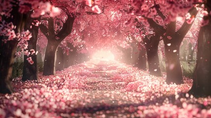 Blossoming Pink Flowers Along Tree-Lined Road