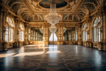 A Grand Ballroom in a Majestic Castle, Illuminated by Crystal Chandeliers, with Gilded Mirrors Reflecting the Opulent Decor