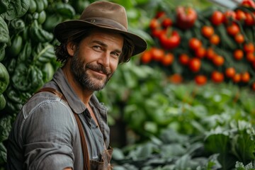 Obraz premium Charismatic farmer smiles warmly while working in a vegetable garden filled with tomatoes and greens