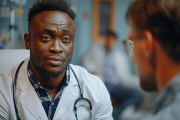 A male doctor in a white coat and stethoscope talks earnestly with a colleague in a clinical setting