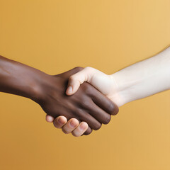 Closeup of White and Black shaking hands over a deal. No racism.	
