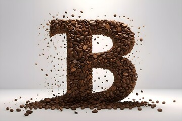 The letter B 3D, in white color with coffee beans on top, splashes of coffee and beens on top, a...