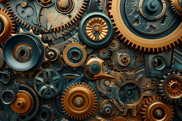 Metallic mastery, A detailed exploration of gears and mechanical parts, set in the creativity of a workshop 