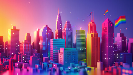 Fototapeta premium A futuristic 3D render of a city skyline with buildings illuminated in rainbow colors, celebrating LGBTQ+ Pride Month