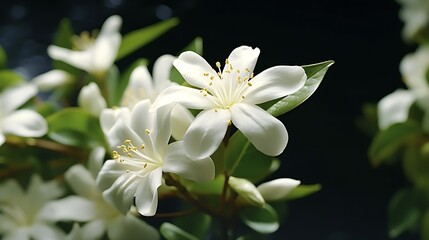 Close-up of a delicate white jasmine blossom, its fragrant flowers perfuming the air with their sweet scent.