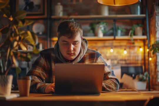Young man with down syndrome learning online at home - Powered by Adobe