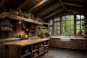 Cozy Rustic kitchen. Cottage wood house. Generate Ai