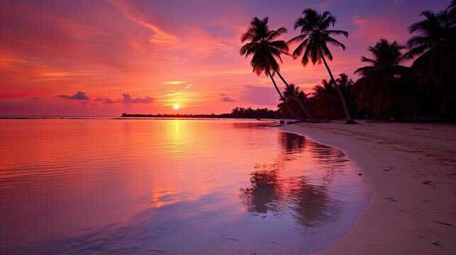 palm pink sunset beach