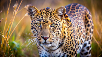 A Leopard’s Hunt. In the heart of the savannah, a leopard, the embodiment of stealth and grace, prowls in the golden light. Its spotted coat merges with the tall grass, as it prepares for the hunt.