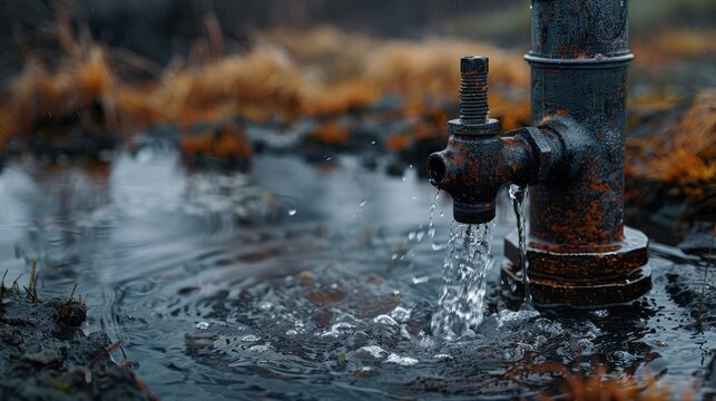 A rusted water pump standing idle beside a dried-up well, symbolizing the failure of irrigation systems