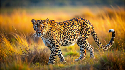 A Leopard’s Hunt. In the heart of the savannah, a leopard, the embodiment of stealth and grace, prowls in the golden light. Its spotted coat merges with the tall grass, as it prepares for the hunt.