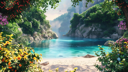 A picturesque 3D render of a secluded cove with rugged cliffs, golden sands, and tranquil turquoise waters, framed by lush greenery and colorful tropical flowers