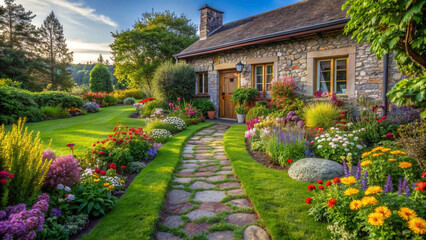 Floral Pathway to a Home Farm Cottage. An enchanting stone pathway, lined with vibrant flowers, meanders through a lush yard, leading to the inviting door of a charming cottage nestled in Home Farm.