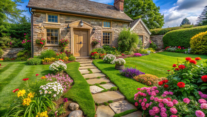 Floral Pathway to a Home Farm Cottage. An enchanting stone pathway, lined with vibrant flowers, meanders through a lush yard, leading to the inviting door of a charming cottage nestled in Home Farm.