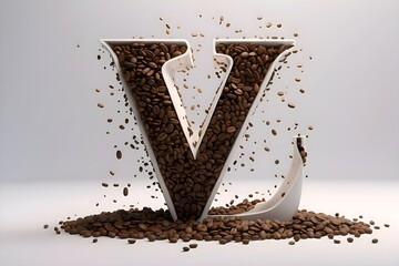 The letter V 3D, in white color with coffee beans on top, splashes beens on top, a letter made of...