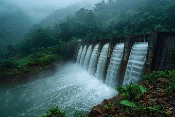 Cascading Hydroelectric Dam Nestled in Lush Rugged Terrain with Moody Atmospheric Lighting