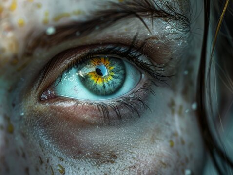 A close-up of a person's eyes, reflecting a scene of chaos and destruction, capturing the psychological impact and internalized perception of danger and aggression