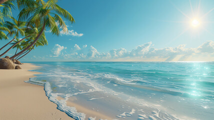 A stunning 3D render of a tropical beach with palm trees swaying in the gentle breeze, golden sand stretching into the distance, and crystal-clear turquoise waters lapping at the shore