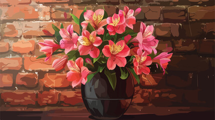 Vase with beautiful alstroemeria flowers on pouf near