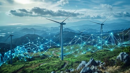 A graph showing a rising trend line overlaid on images of renewable energy projects like wind farms and solar fields, representing the growth of the green economy