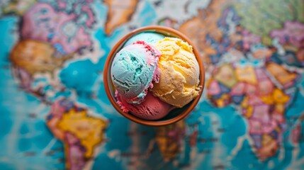 A globe-shaped ice cream dessert resting on a colorful world map-themed dish, offering a taste of international flavors in a creative, frozen form