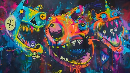 Mischievous Anthropomorphic Creatures Embark on a Neon Tinged Whimsical Adventure in Vibrant Abstract Painting