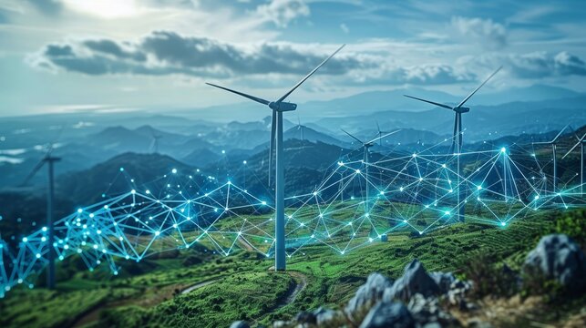 A graph showing a rising trend line overlaid on images of renewable energy projects like wind farms and solar fields, representing the growth of the green economy - Powered by Adobe