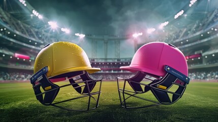 two Yellow and pink cricket helmets lying on grass of a cricket ground