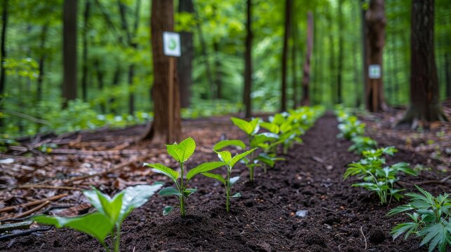 A pathway through a newly reforested area, lined with young saplings and directional signs, illustrating the guided efforts towards ecological recovery and sustainability