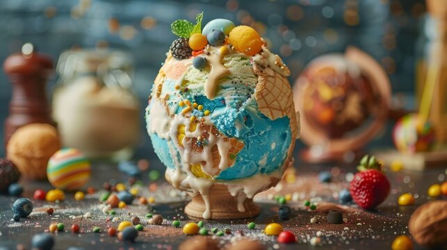 A scoop of ice cream shaped like Earth, adorned with toppings from around the world, representing the global influence on culinary treats - Powered by Adobe