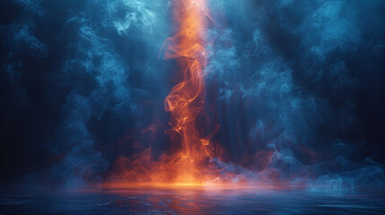 Silky azure smoke abstract background wafts over a stage under a fiery orange spotlight, casting a warm glow against a dark backdrop.