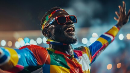 An athlete wearing a patchwork uniform, triumphantly crossing the finish line, each patch representing a challenge overcome on the path to victory