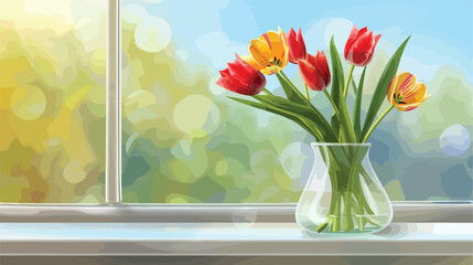 Vase with beautiful tulip flowers on windowsill vector