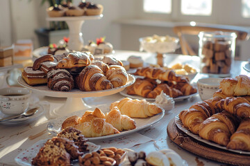 Morning light streaming onto a table set with a variety of gourmet pastries, including chocolate croissants and almond bear claws 