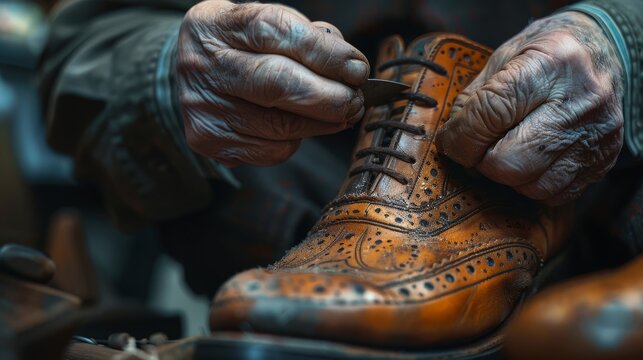 Close-up of a craftsman's hands carefully repairing a shoe, showcasing the art of traditional cobbling