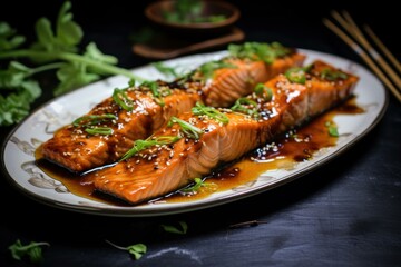 Aromatic Salmon soy sauce. Seafood meal. Generate Ai