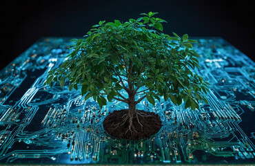tree on computer board concept technology friend with environment, clean technology