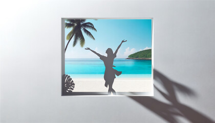 白い壁の先にある南国の白い砂浜と海 - obrazy, fototapety, plakaty