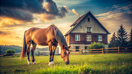 Horse in a Meadow at Home Farm. A majestic domestic horse grazes in a lush meadow, bathed in the warm glow of the setting sun. The rustic charm of a home farm serves as the perfect backdrop.