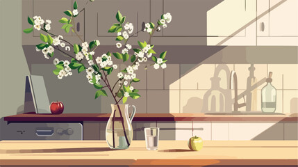 Vase with blooming tree branches apple and glasses 