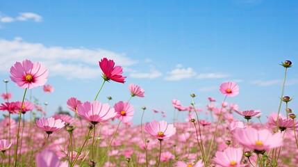 sky pink flowers blue background