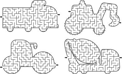 Construction site geometrical mazes set for kids. Collection of labyrinths shaped as special trucks, cars. Building works printable activity. Repair service game, puzzle with tractor, concrete mixer.