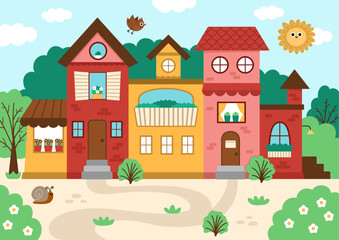 Vector city scene with beautiful house surrounded by garden. Landscape sunny day illustration with residential building. Cute cottage with windows, flowers. Funny little town scenery with sun, bird.