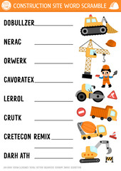 Vector construction site word scramble activity page. English language game with cars, trucks for kids. Special transport family quiz with industrial vehicles. Educational printable worksheet.