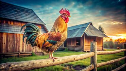 Rooster on the Fence at Home Farm. A majestic domestic rooster perches atop a wooden fence, overseeing the tranquil scene of a home farm as the sun sets.  - Powered by Adobe